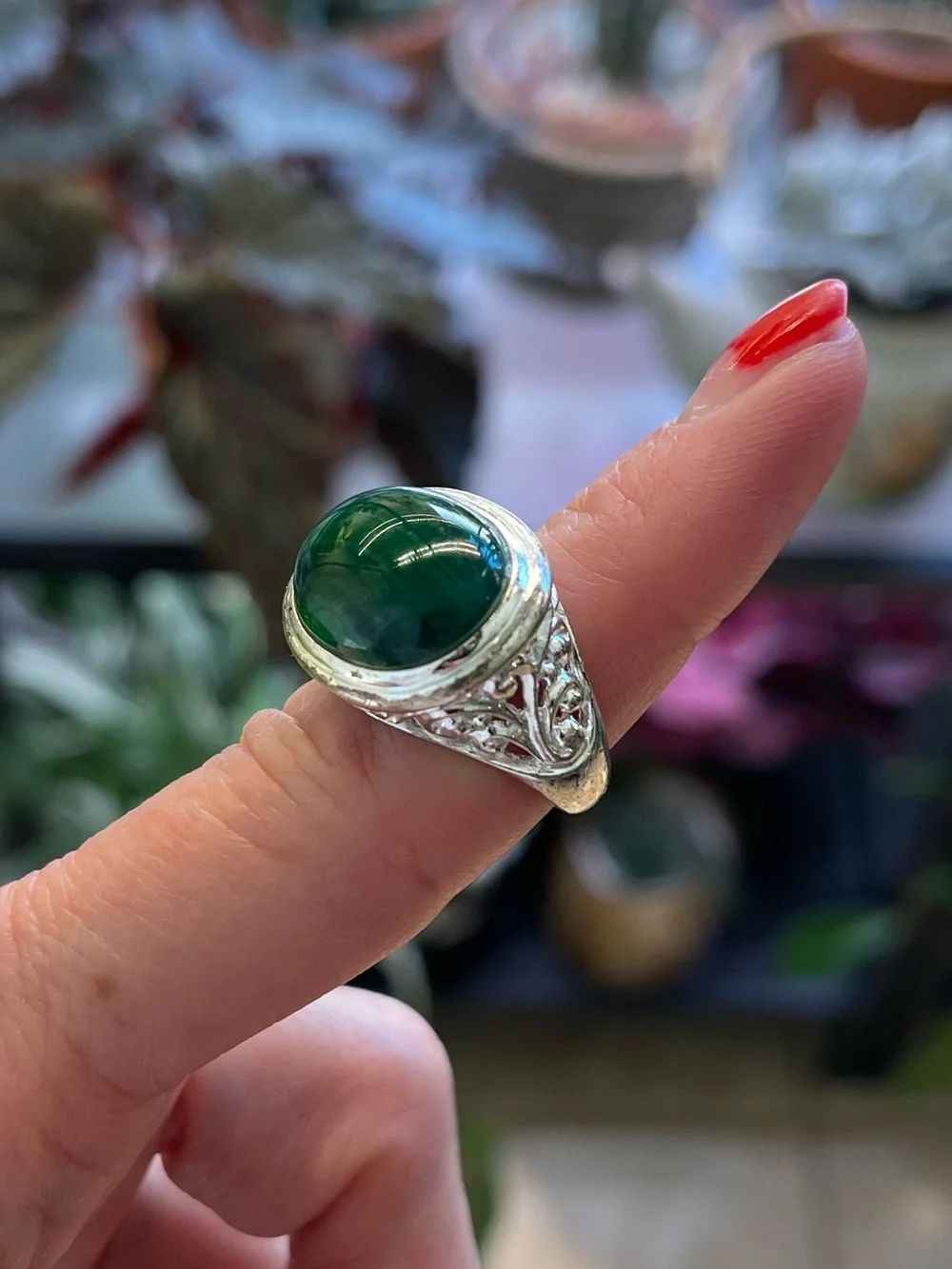 Sterling Silver Malachite Cabochon Estate Ring – Ornate Filigree – Size 6